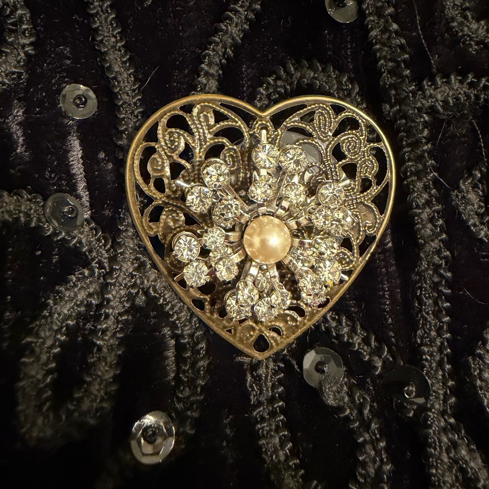 OOAK Gold Heart Filigree Crystal Brooch - Elegant Women’s Jewelry